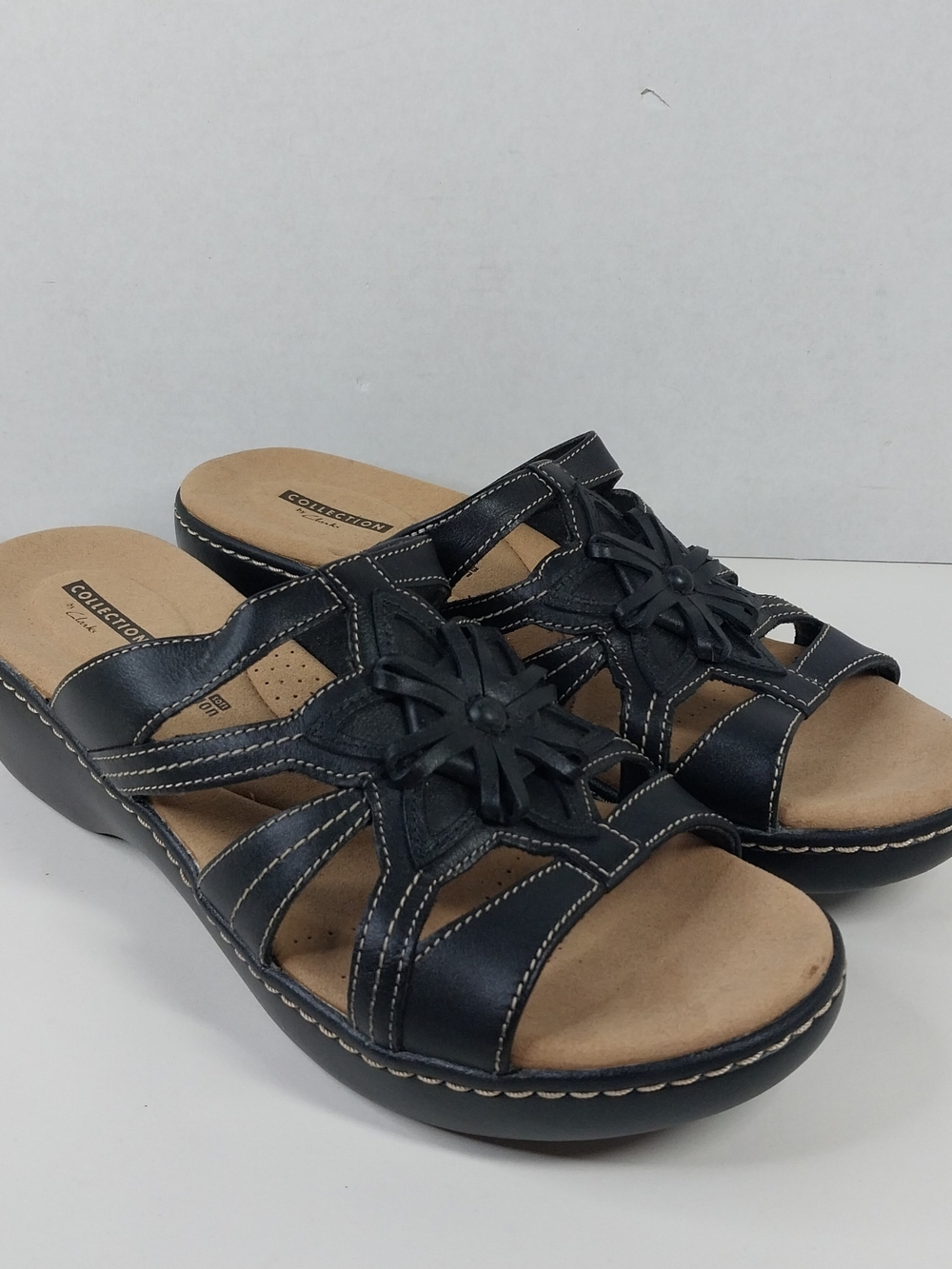Clarks Womens 10 Delana Venna Lexi Black Leather Floral Wedge Slide boho Sandals